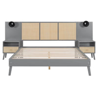 Lit plateforme Queen Size en bois massif avec tables de chevet intégrées et lampes de tête de lit
