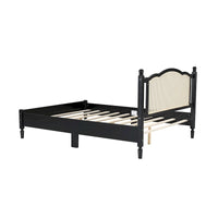 Lit double ancien en bois avec tête de lit en rotin