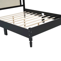 Lit double ancien en bois avec tête de lit en rotin