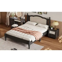 Lit double ancien en bois avec tête de lit en rotin
