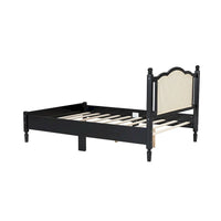Lit double ancien en bois avec tête de lit en rotin