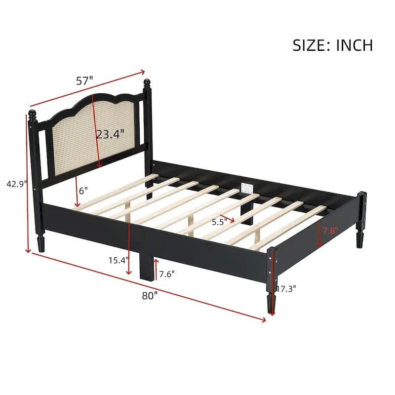 Lit double ancien en bois avec tête de lit en rotin