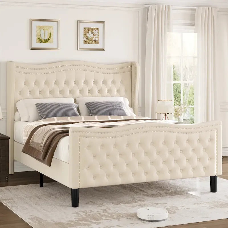 Lit plateforme en velours de style moderne avec tête de lit rembourrée pour chambre à coucher