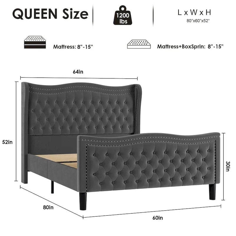 Lit plateforme en velours de style moderne avec tête de lit rembourrée pour chambre à coucher