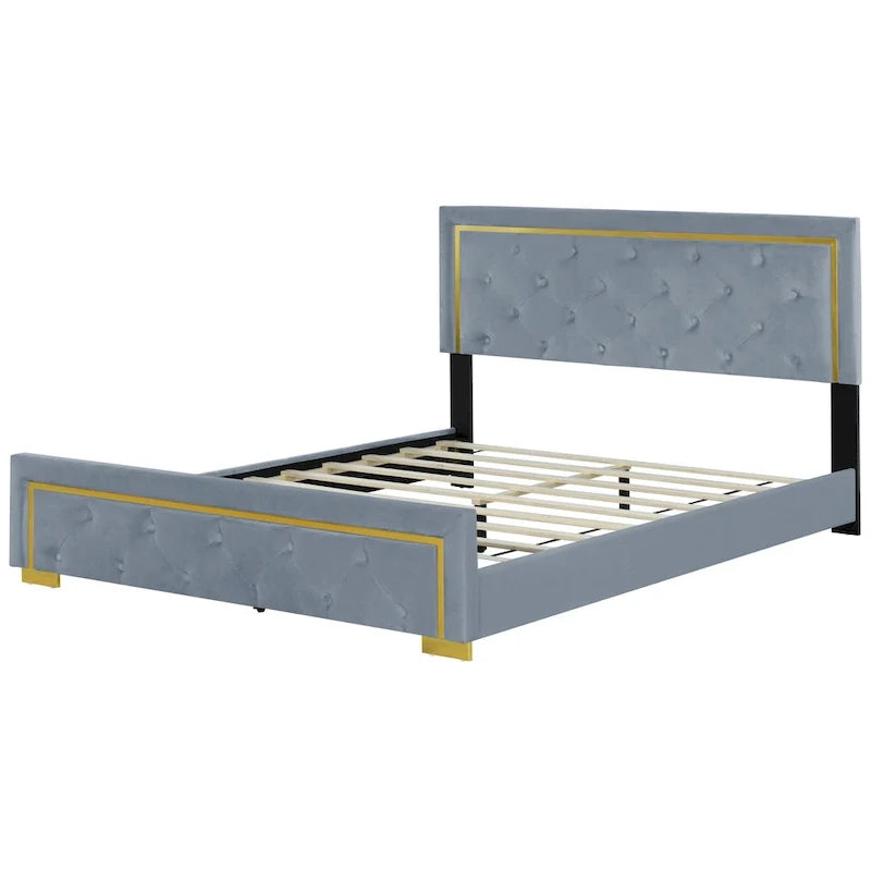 Lit plateforme rembourré Queen Size avec tête de lit capitonnée et cadre en fil métallique