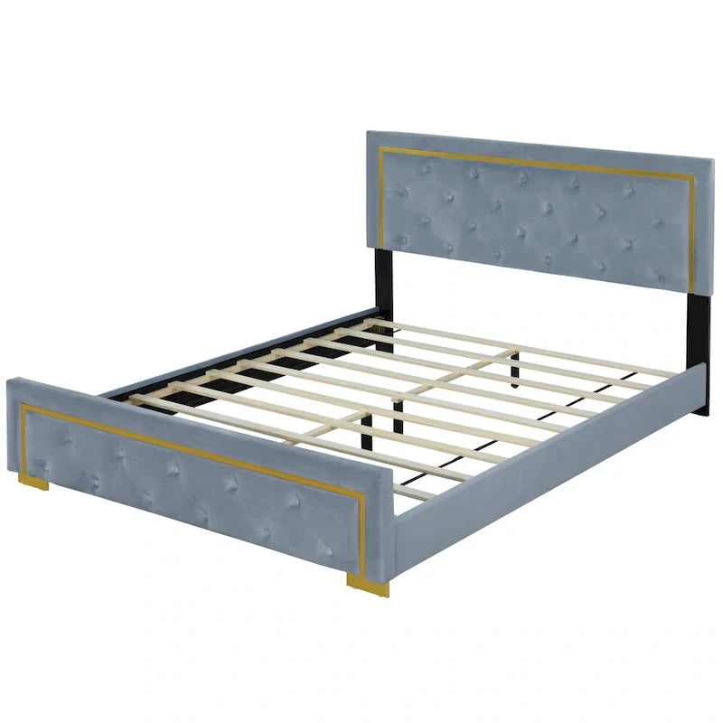 Lit plateforme rembourré Queen Size avec tête de lit capitonnée et cadre en fil métallique