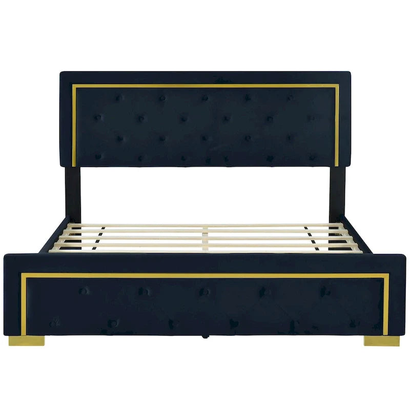Lit plateforme rembourré Queen Size avec tête de lit capitonnée et cadre en fil métallique