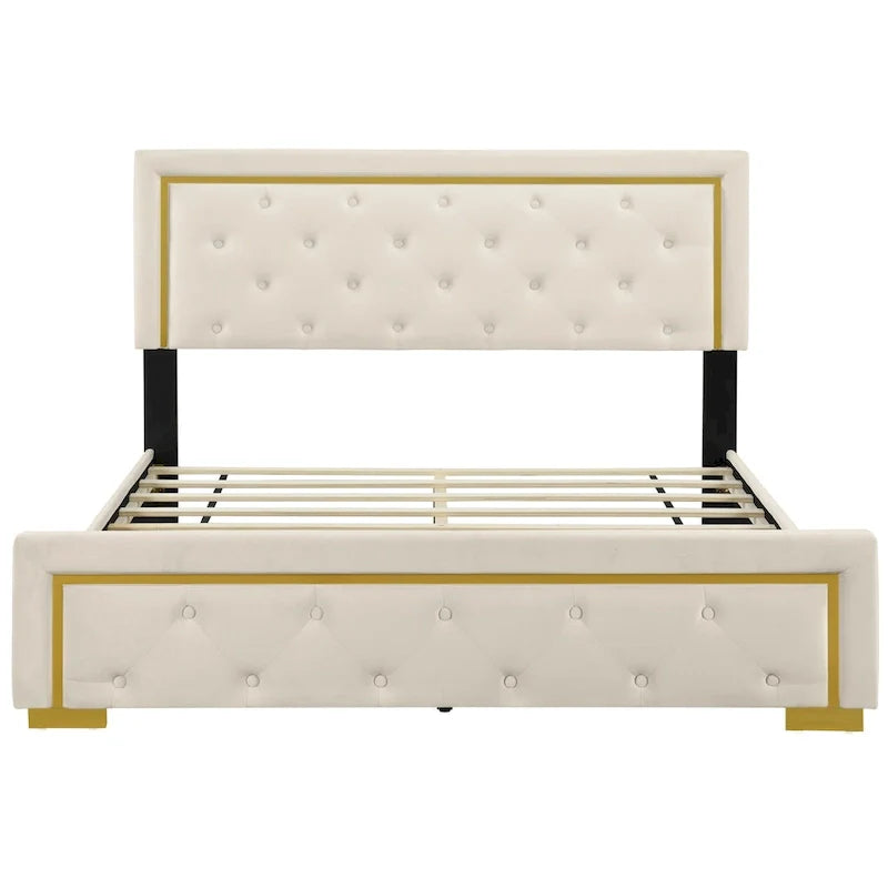Lit plateforme rembourré Queen Size avec tête de lit capitonnée et cadre en fil métallique