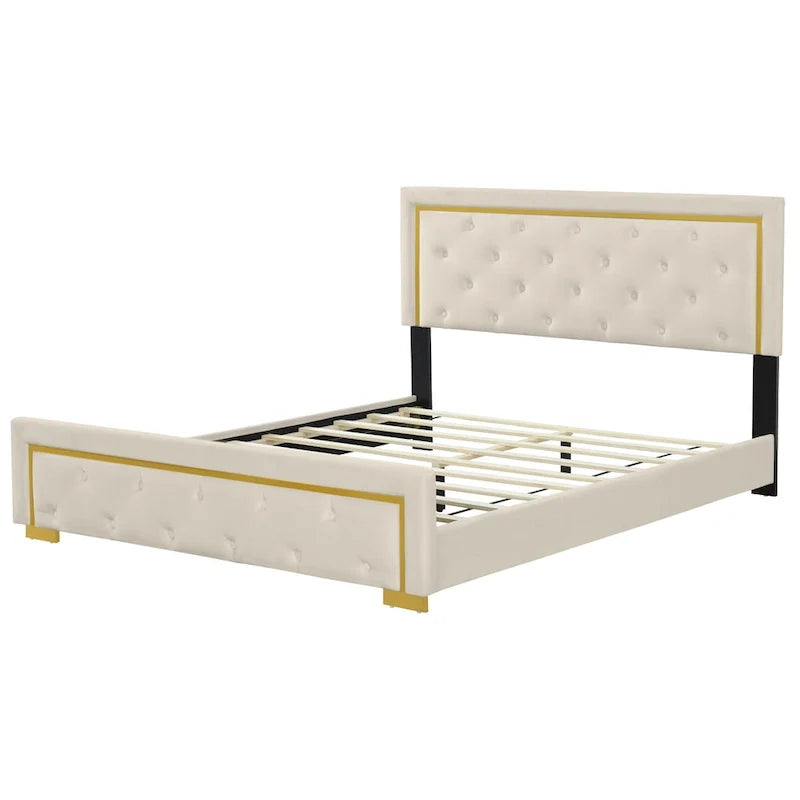 Lit plateforme rembourré Queen Size avec tête de lit capitonnée et cadre en fil métallique