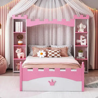 Lit plateforme en bois en forme de château, taille jumelle, avec étagère de rangement pour chambre d'enfant