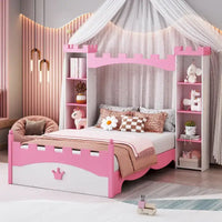 Lit plateforme en bois en forme de château, taille jumelle, avec étagère de rangement pour chambre d'enfant