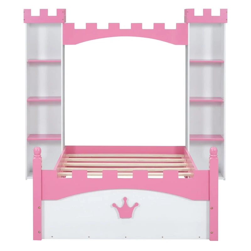 Lit plateforme en bois en forme de château, taille jumelle, avec étagère de rangement pour chambre d'enfant