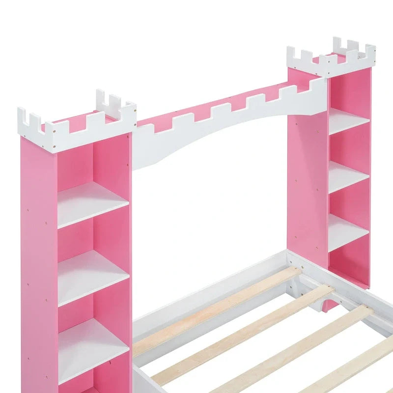 Lit plateforme en bois en forme de château, taille jumelle, avec étagère de rangement pour chambre d'enfant
