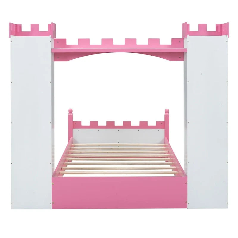 Lit plateforme en bois en forme de château, taille jumelle, avec étagère de rangement pour chambre d'enfant