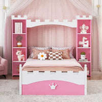 Lit plateforme en bois en forme de château, taille jumelle, avec étagère de rangement pour chambre d'enfant