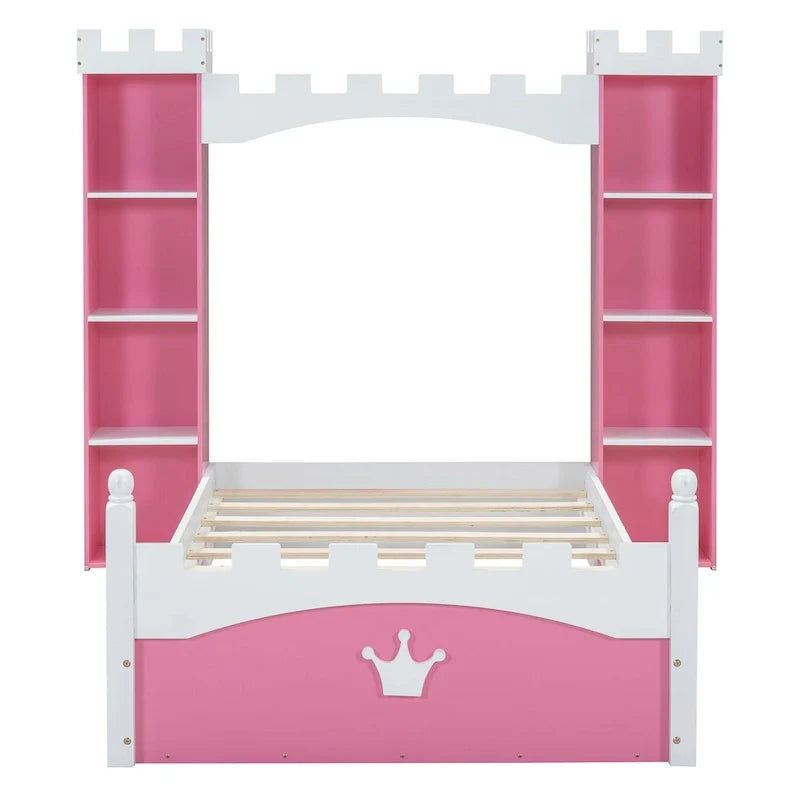 Lit plateforme en bois en forme de château, taille jumelle, avec étagère de rangement pour chambre d'enfant