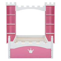 Lit plateforme en bois en forme de château, taille jumelle, avec étagère de rangement pour chambre d'enfant