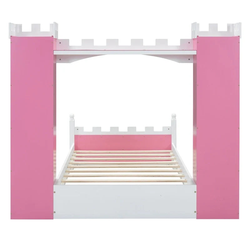 Lit plateforme en bois en forme de château, taille jumelle, avec étagère de rangement pour chambre d'enfant