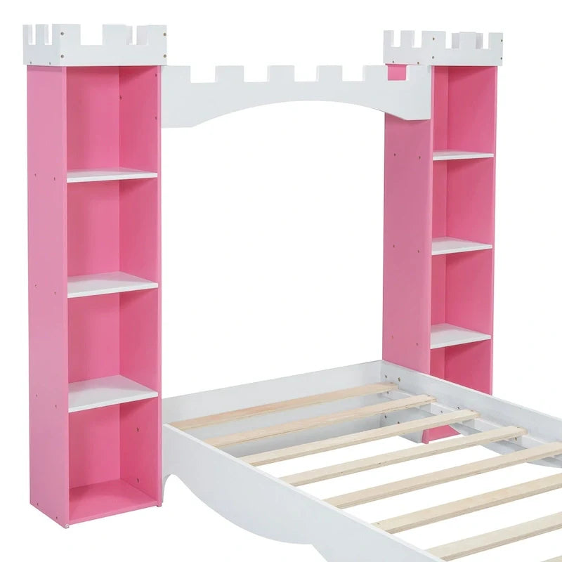 Lit plateforme en bois en forme de château, taille jumelle, avec étagère de rangement pour chambre d'enfant