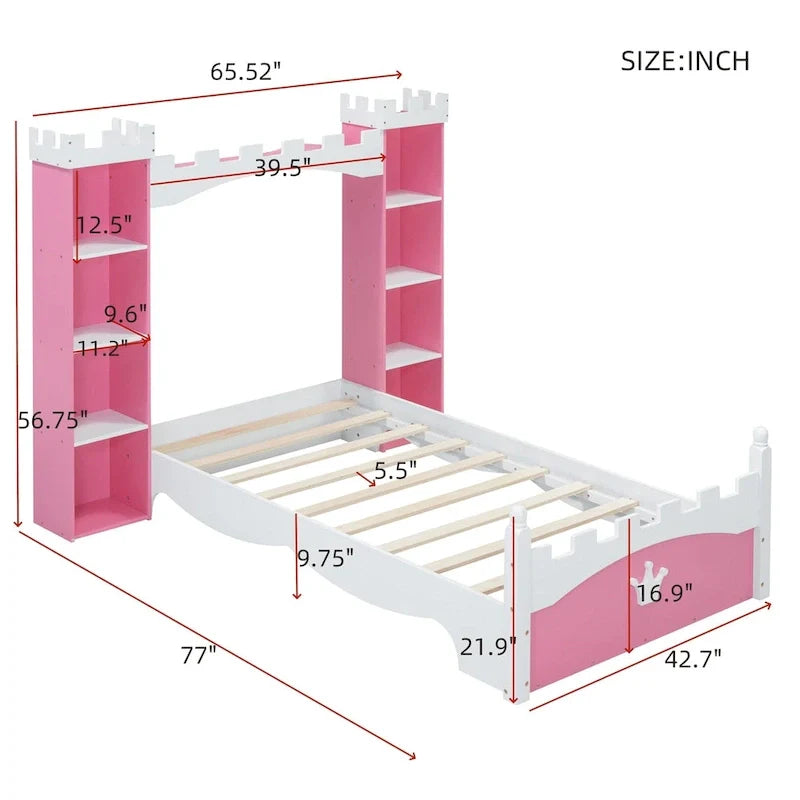 Lit plateforme en bois en forme de château, taille jumelle, avec étagère de rangement pour chambre d'enfant