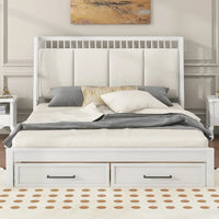 Lit plateforme en bois blanc Queen Size avec tête de lit capitonnée et 2 tiroirs