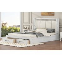 Lit plateforme en bois blanc Queen Size avec tête de lit capitonnée et 2 tiroirs