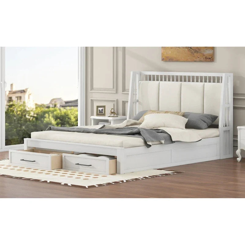 Lit plateforme en bois blanc Queen Size avec tête de lit capitonnée et 2 tiroirs