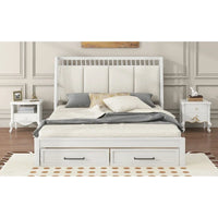 Lit plateforme en bois blanc Queen Size avec tête de lit capitonnée et 2 tiroirs