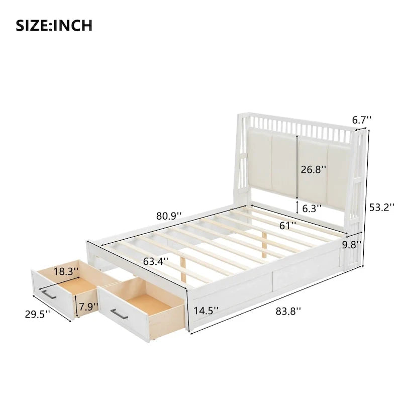 Lit plateforme en bois blanc Queen Size avec tête de lit capitonnée et 2 tiroirs