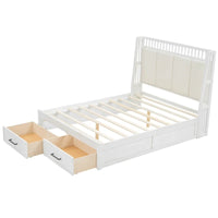 Lit plateforme en bois blanc Queen Size avec tête de lit capitonnée et 2 tiroirs