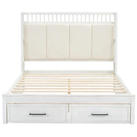 Lit plateforme en bois blanc Queen Size avec tête de lit capitonnée et 2 tiroirs