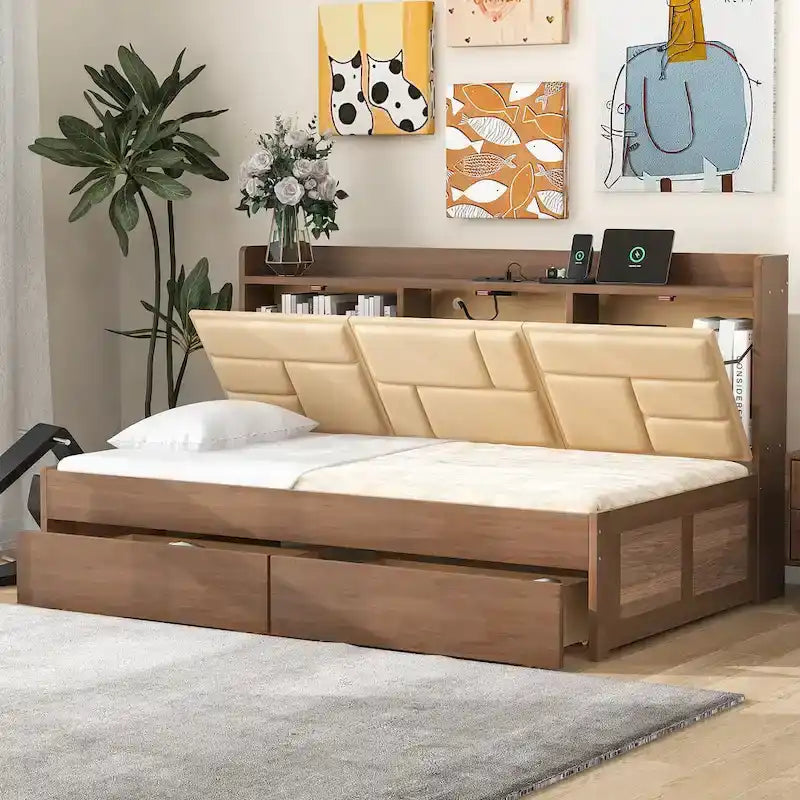 Lit de jour en bois taille Twin avec tête de lit rembourrée, ports USB et 2 tiroirs