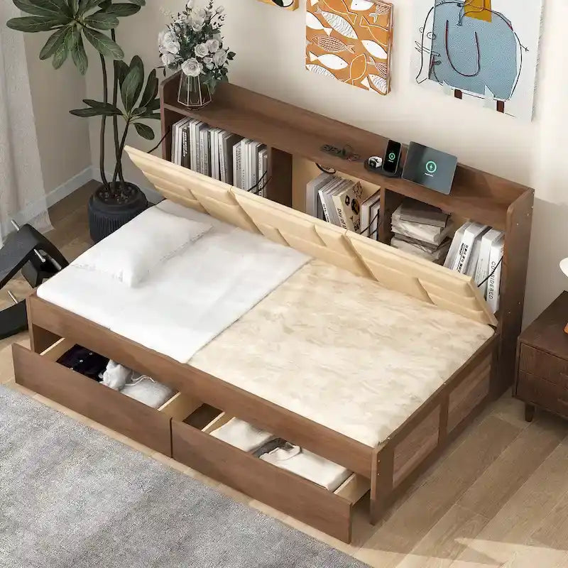 Lit de jour en bois taille Twin avec tête de lit rembourrée, ports USB et 2 tiroirs