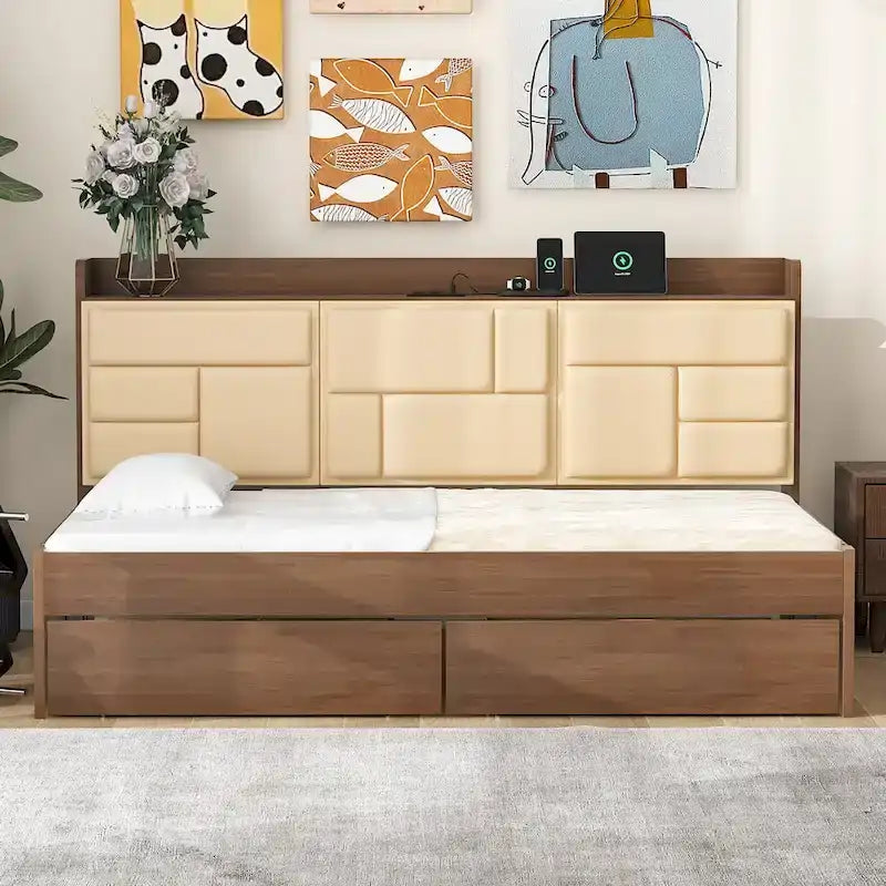 Lit de jour en bois taille Twin avec tête de lit rembourrée, ports USB et 2 tiroirs