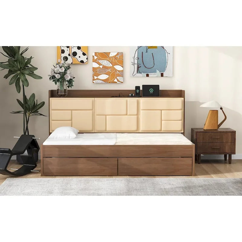 Lit de jour en bois taille Twin avec tête de lit rembourrée, ports USB et 2 tiroirs