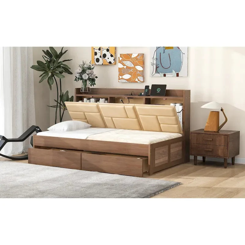 Lit de jour en bois taille Twin avec tête de lit rembourrée, ports USB et 2 tiroirs