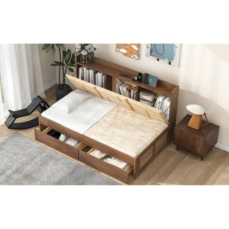 Lit de jour en bois taille Twin avec tête de lit rembourrée, ports USB et 2 tiroirs