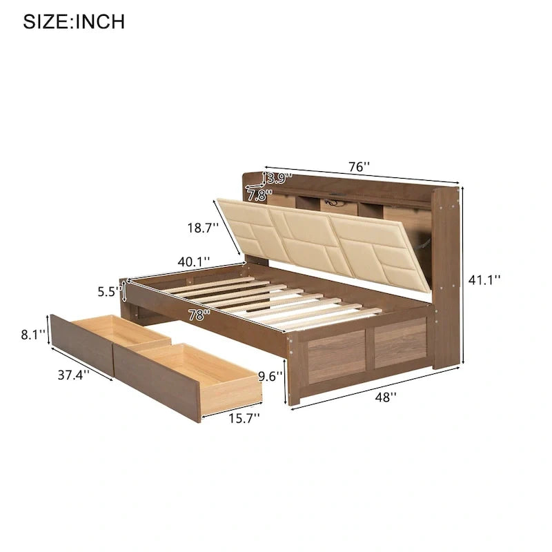 Lit de jour en bois taille Twin avec tête de lit rembourrée, ports USB et 2 tiroirs
