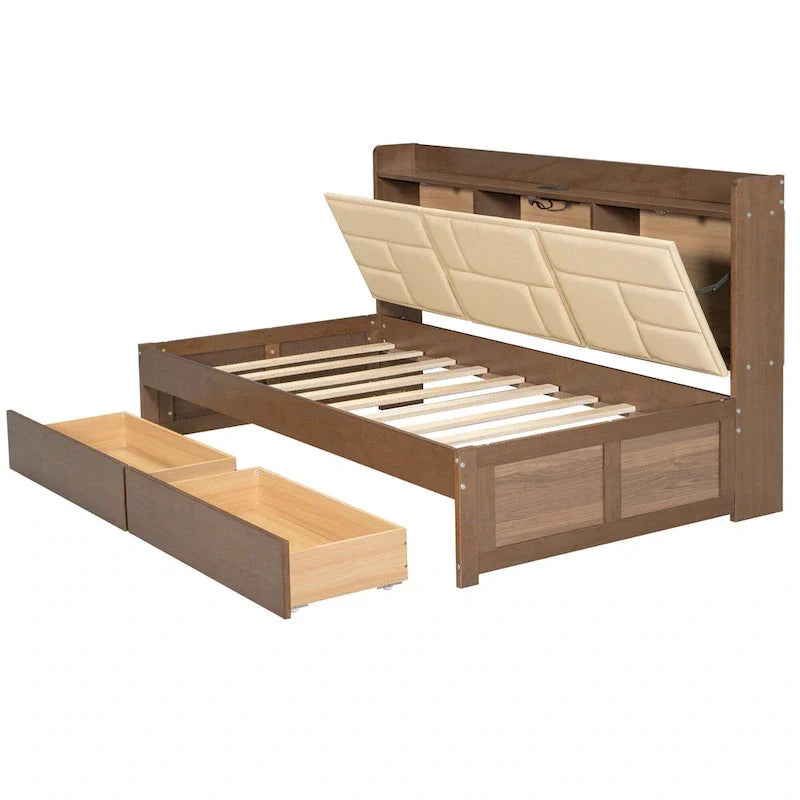 Lit de jour en bois taille Twin avec tête de lit rembourrée, ports USB et 2 tiroirs