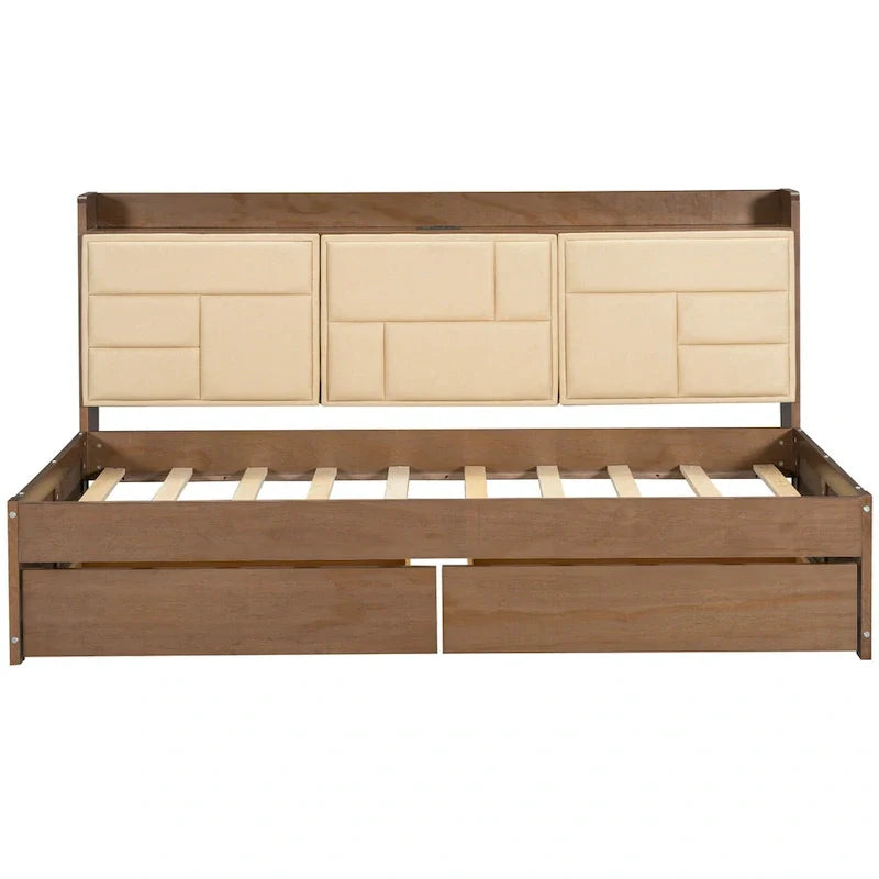 Lit de jour en bois taille Twin avec tête de lit rembourrée, ports USB et 2 tiroirs