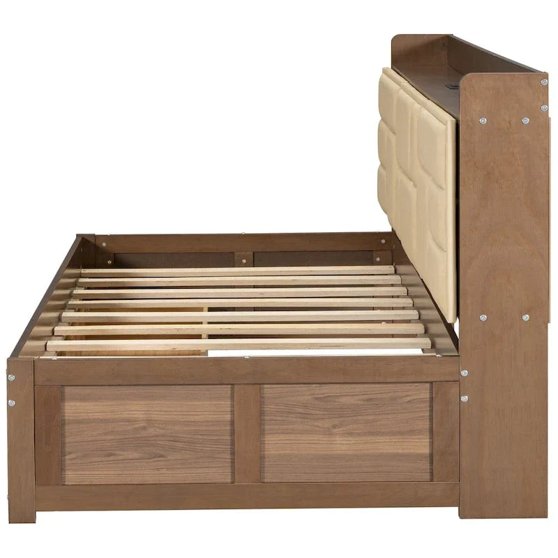 Lit de jour en bois taille Twin avec tête de lit rembourrée, ports USB et 2 tiroirs