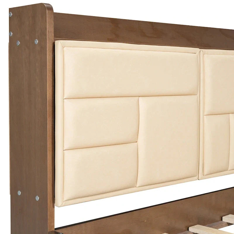 Lit de jour en bois taille Twin avec tête de lit rembourrée, ports USB et 2 tiroirs