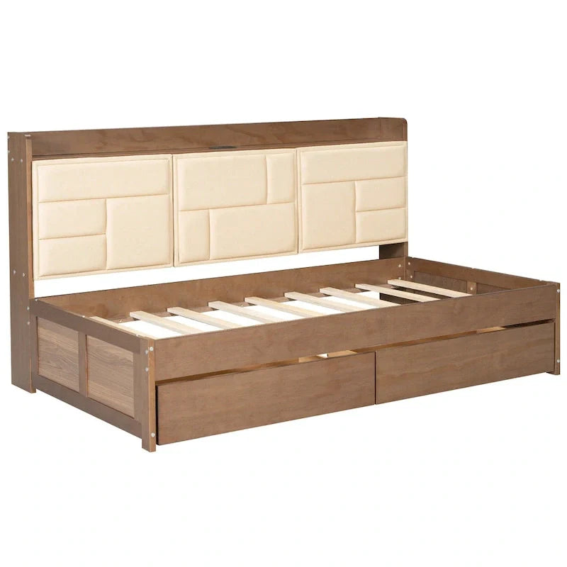 Lit de jour en bois taille Twin avec tête de lit rembourrée, ports USB et 2 tiroirs