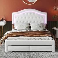 Lit double rembourré blanc avec tête de lit capitonnée, LED et 2 tiroirs