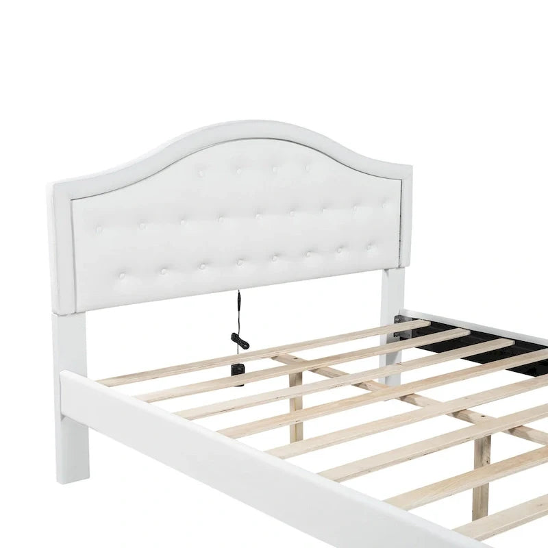 Lit double rembourré blanc avec tête de lit capitonnée, LED et 2 tiroirs