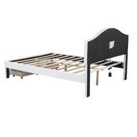 Lit double rembourré blanc avec tête de lit capitonnée, LED et 2 tiroirs