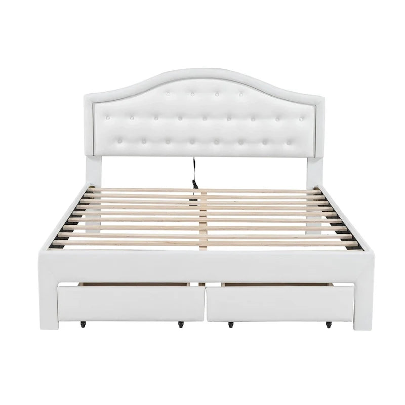 Lit double rembourré blanc avec tête de lit capitonnée, LED et 2 tiroirs