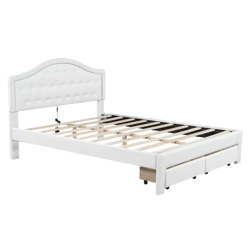 Lit double rembourré blanc avec tête de lit capitonnée, LED et 2 tiroirs