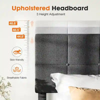 Lit plateforme en lin gris foncé, format grand lit, avec tête de lit réglable et support de lattes en bois massif