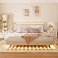 Lit plateforme flottant tapissé beige King Size avec tête de lit et espace de rangement caché